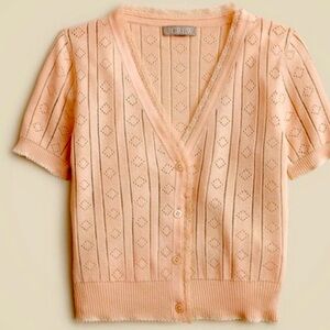 J. Crew Pointelle V-Neck Short Sleeve Cardigan in warm pink shade, Size Small